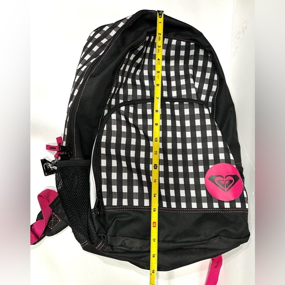 Roxy Black White Pink Roxy Logo Checkered Design 2 Pocket Medium Sized Backpack - Picture 10 of 12